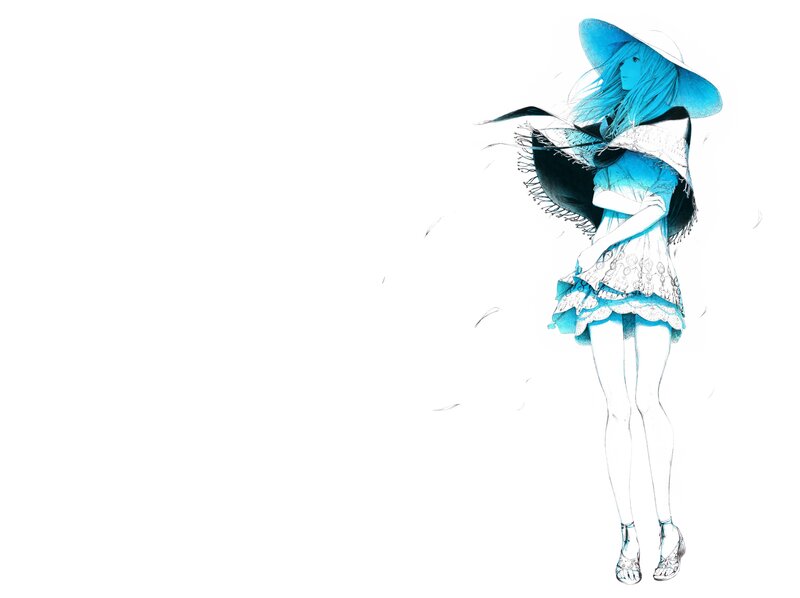 Anime Girl in Blue Dress — Serene, Digital Art, Hat