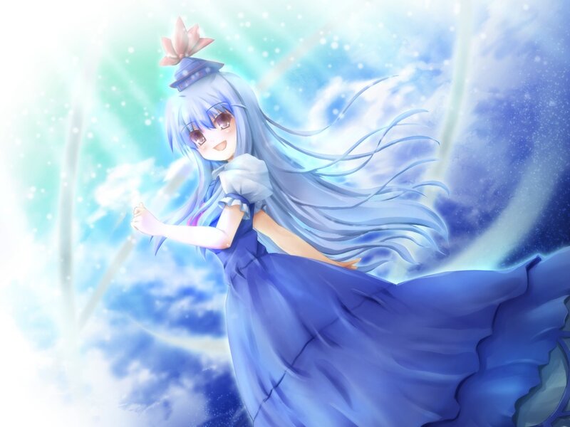 Anime Girl in Blue Dress — Serene, Digital Art, Long Hair, Flower Hat, White