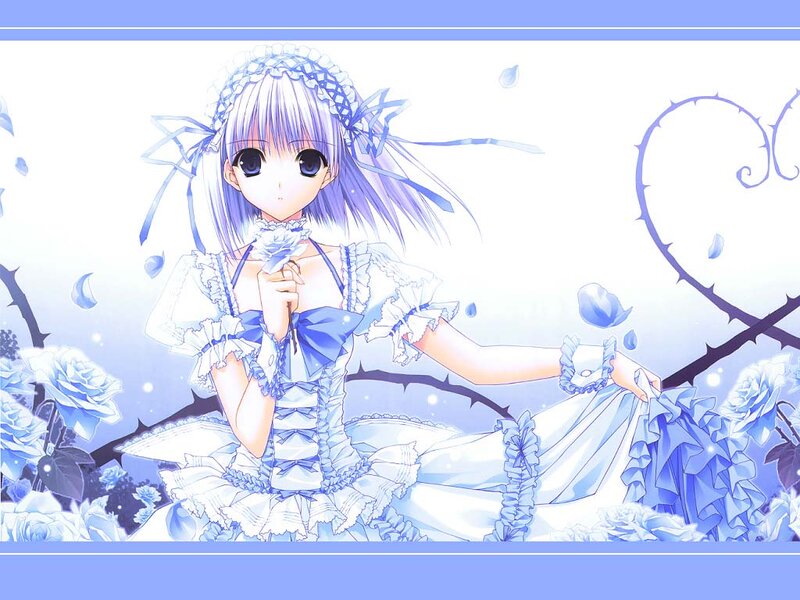 Anime Girl in Blue Dress — Serene, Flowers