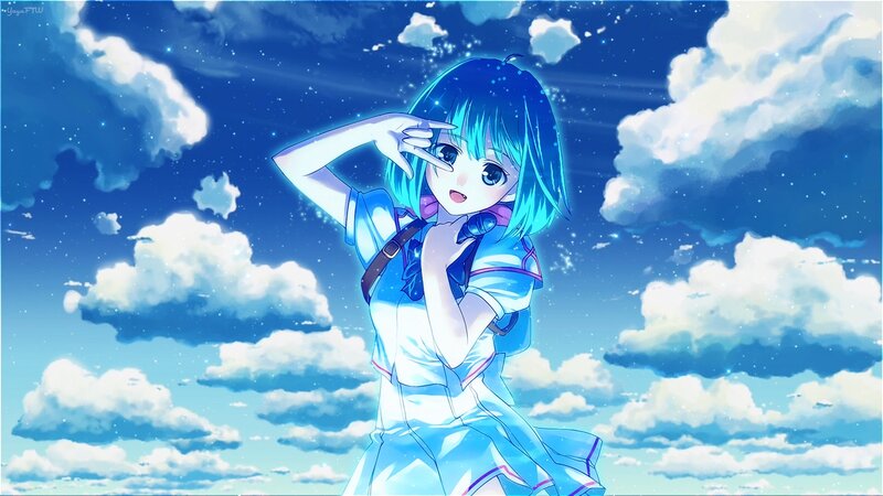 Anime Girl in Blue Dress — Serene, Night, Clouds