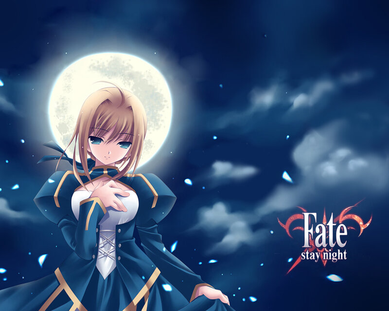 Anime Girl in Blue Dress — Serene, Night, Moon