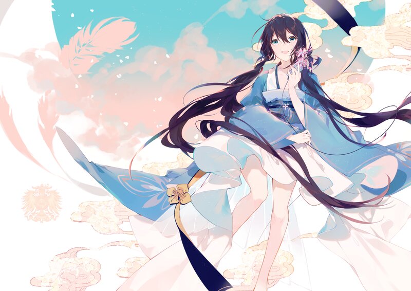 Anime Girl in Blue Dress — Serene, Spring, Digital Art, Long Hair