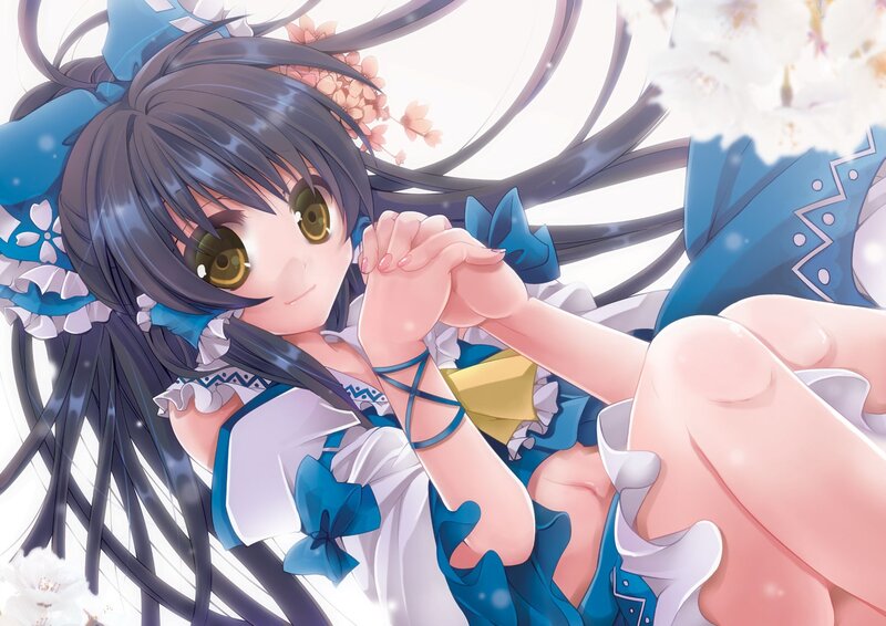 Anime Girl in Blue Dress — Serene, Spring, Flowers