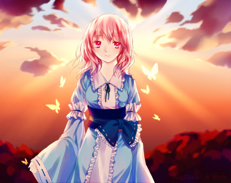 Anime Girl in Blue Dress — Serene, Sunset