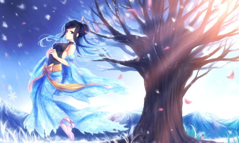 Anime Girl in Blue Dress — Serene, Winter, Digital Art, Tree