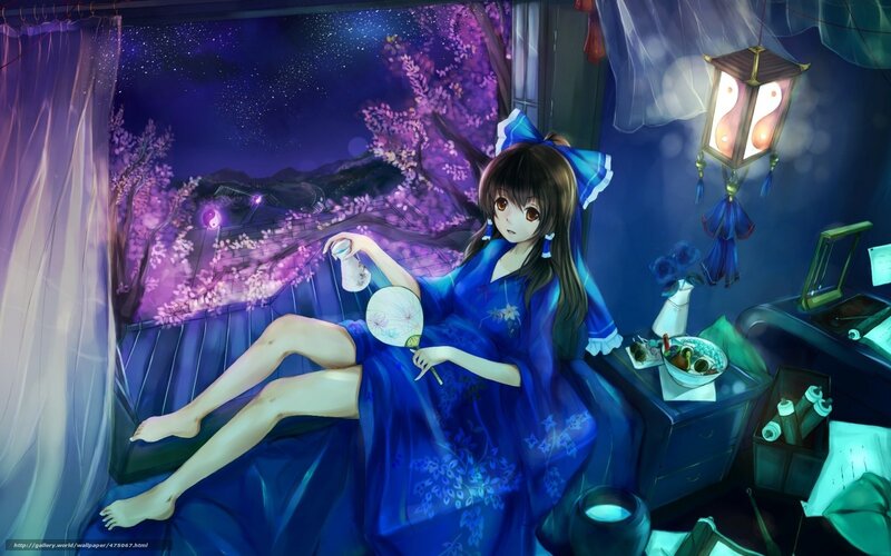 Anime Girl in Blue Kimono — Serene, Night, Digital Art, Lantern