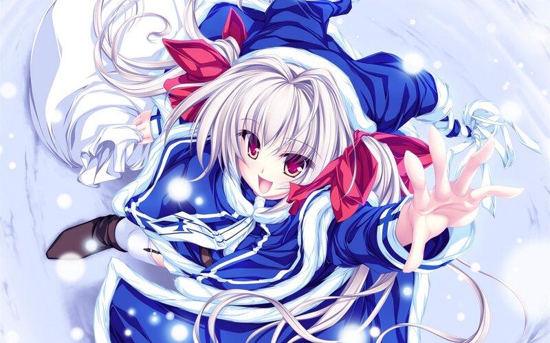Anime Girl in Blue Outfit — Playful, Winter