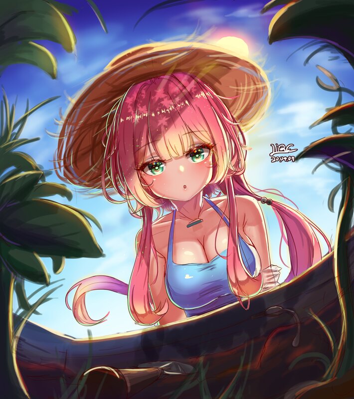 Anime Girl in Boat — Blue, Serene, Afternoon, Digital Art, Hat