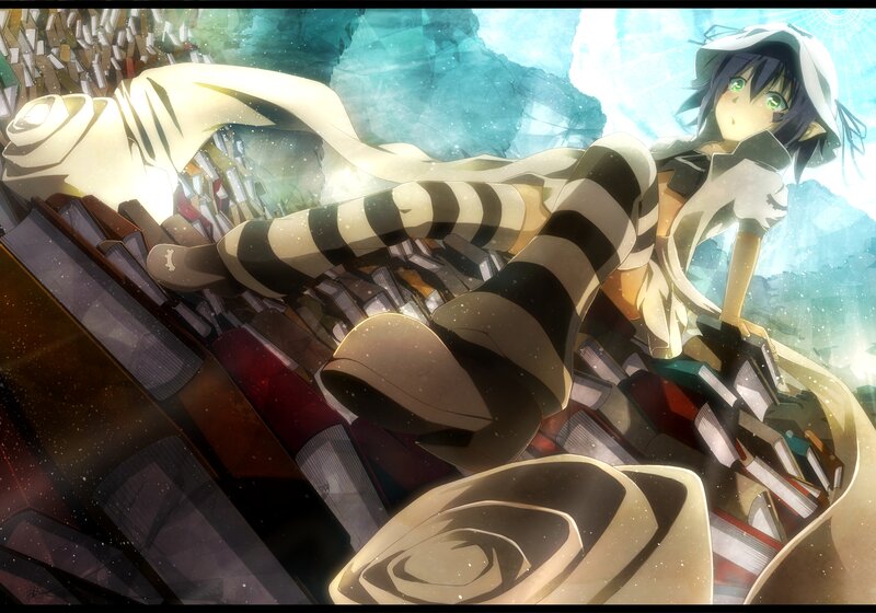 Anime Girl in Book Pile — White, Dramatic