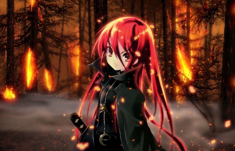 Anime girl in burning forest