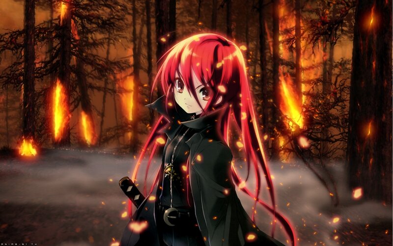 Anime girl in burning forest