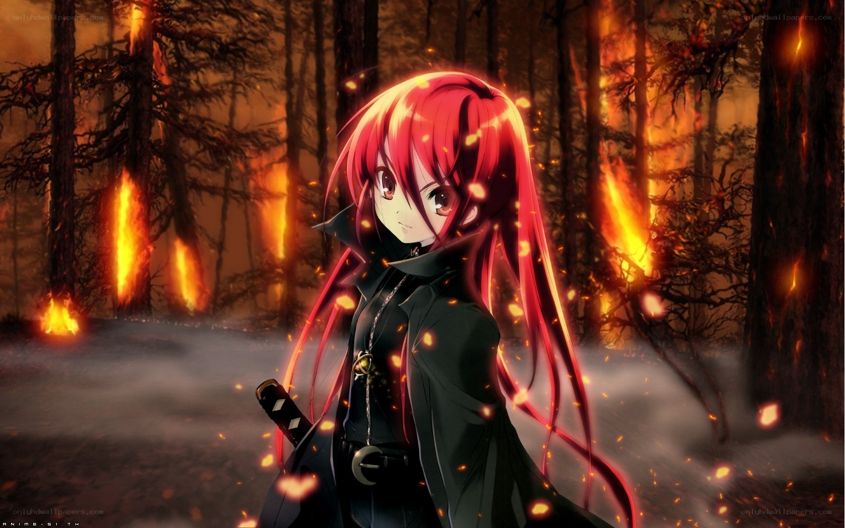 Anime girl in burning forest
