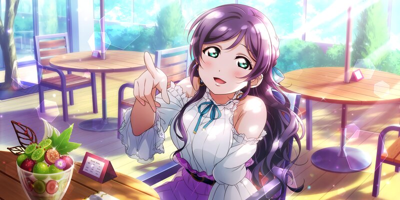 Anime Girl in Cafe — Purple, Cheerful, Afternoon