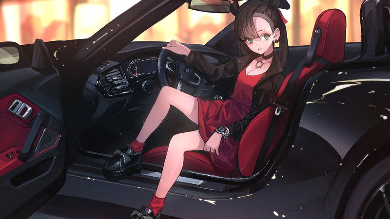 Anime Girl in Car — Black, Dramatic