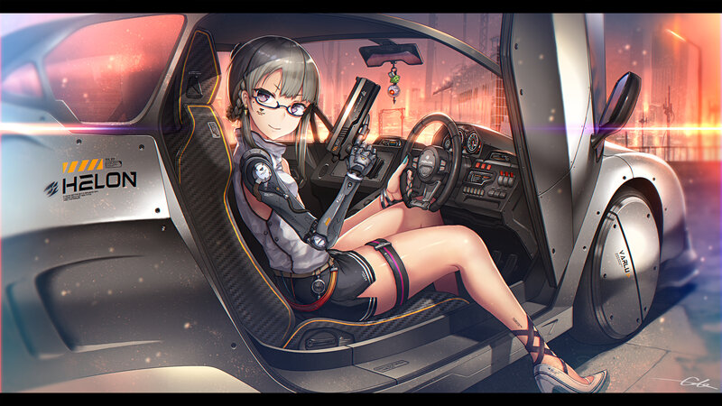 Anime Girl in Car — Gray, Dramatic, Sunset