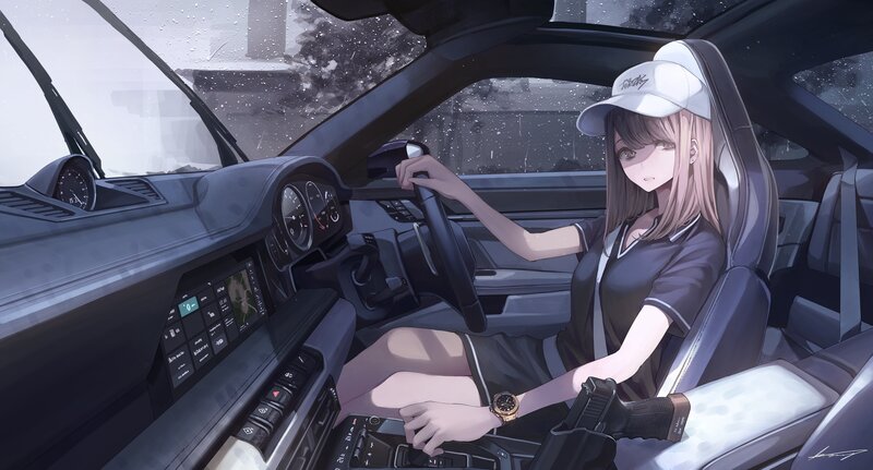 Anime Girl in Car — Gray, Dramatic