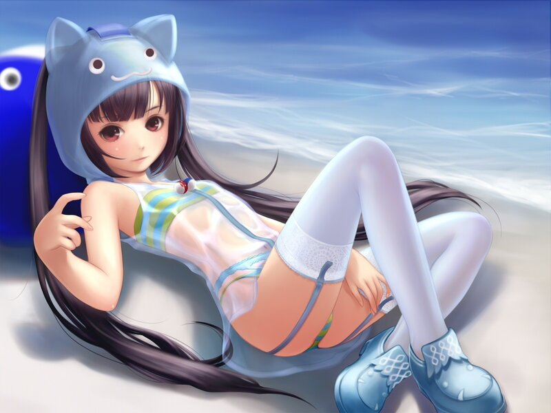 Anime girl in cat hat at beach