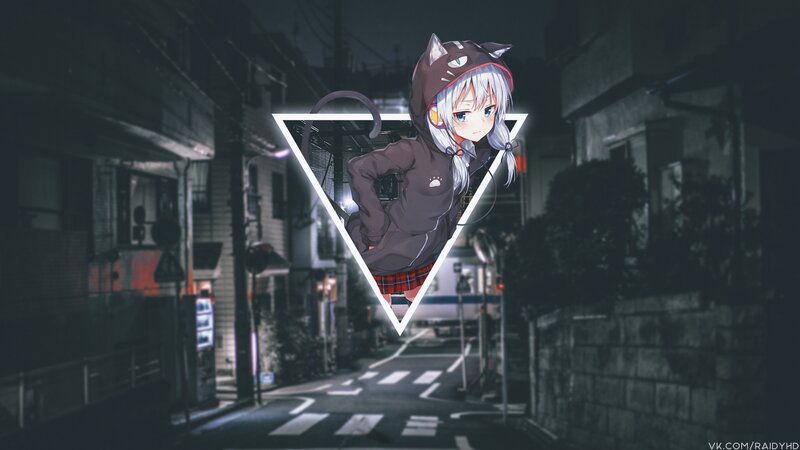 Anime Girl in Cat Hoodie — Gray, Dark