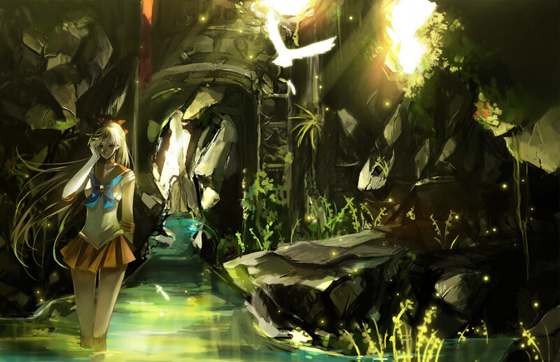 Anime Girl in Cave — Green