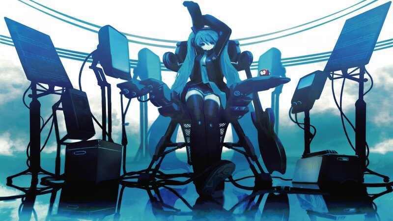 Anime Girl in Chair — Blue, Dramatic, Digital Art
