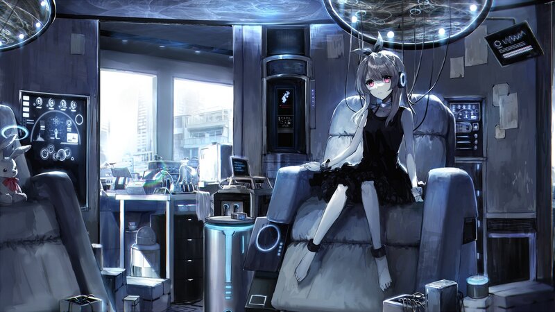 Anime Girl in Chair — Blue, Dramatic, Night