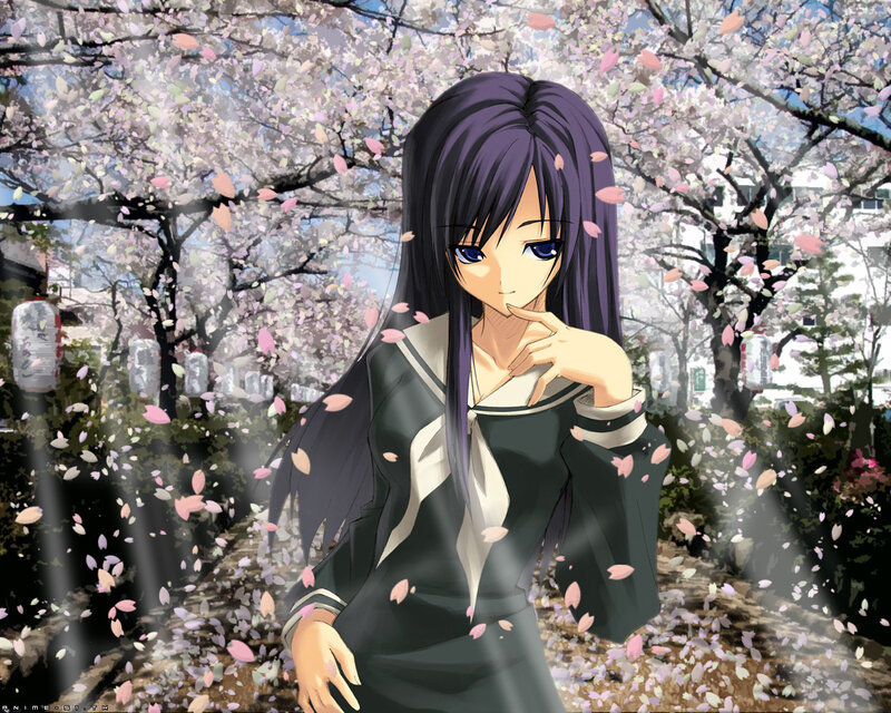 Anime girl in cherry blossom garden