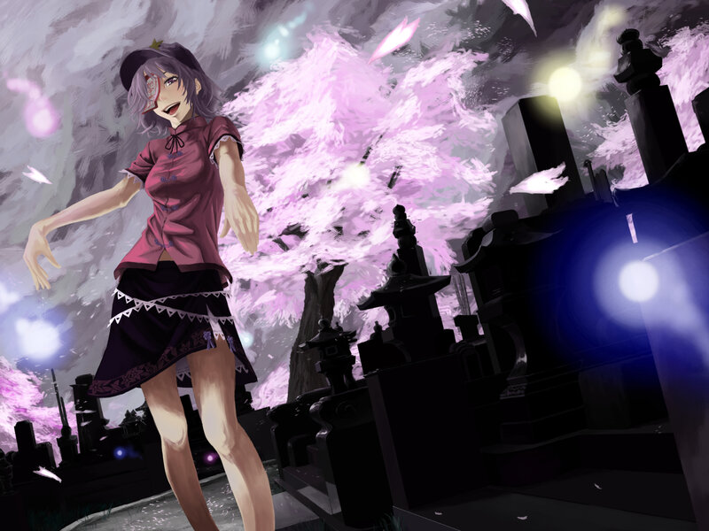 anime girl in cherry blossom graveyard