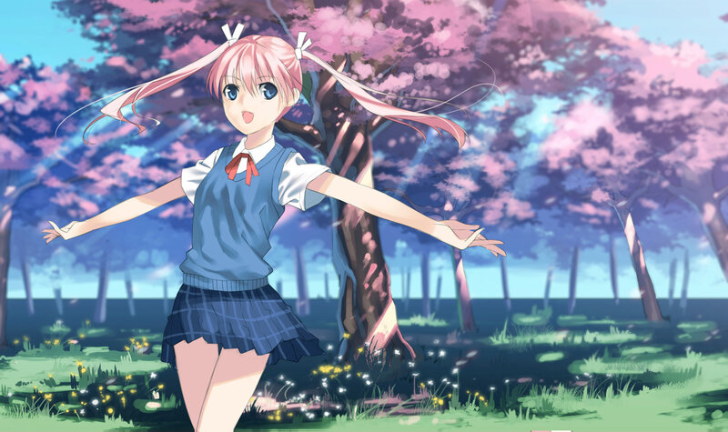 anime girl in cherry blossom grove