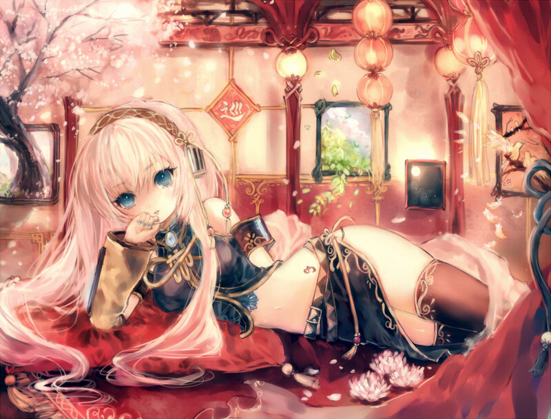 Anime girl in cherry blossom room