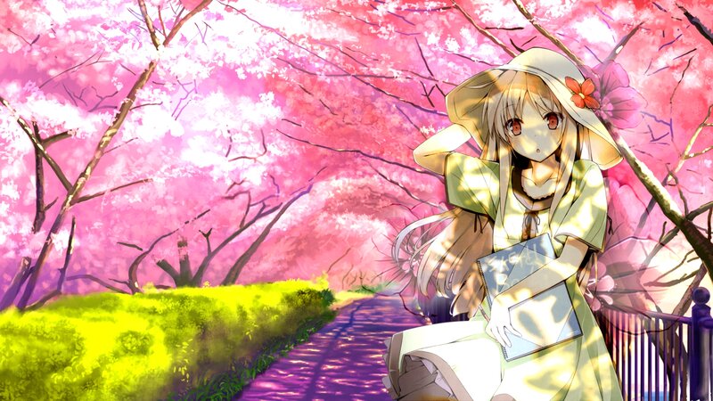 Anime Girl in Cherry Blossoms — Pink, Serene, Spring, Digital Art, Cherry Blossoms, Path