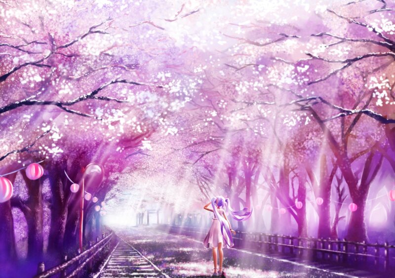 Anime Girl in Cherry Blossoms — Purple, Serene, Dreamy