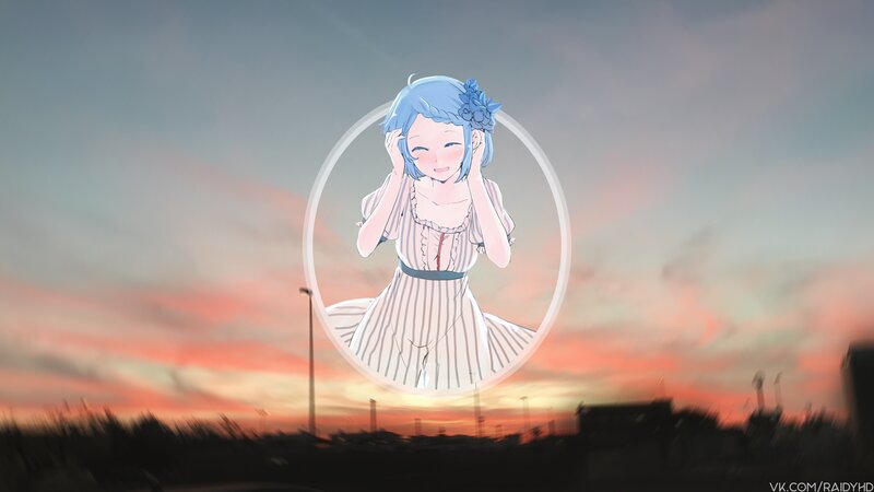 Anime Girl in Circle — Blue, Serene, Sunset, Digital Art, Sky