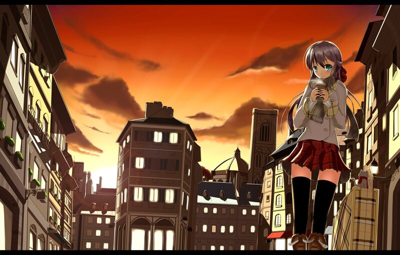 anime girl in city at sunset