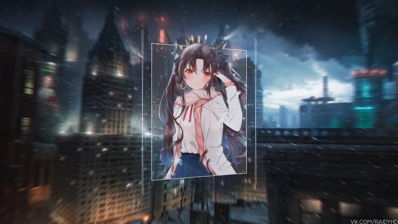 Anime Girl in City — Black, Dramatic, Night, Digital Art, Rain