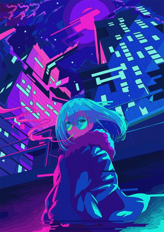 Anime Girl in City — Blue, Cyberpunk, Night