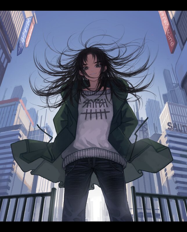Anime Girl in City — Blue, Dramatic, Afternoon, Digital Art