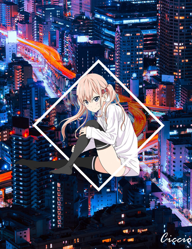 Anime Girl in City — Blue, Dramatic, Night, Cityscape