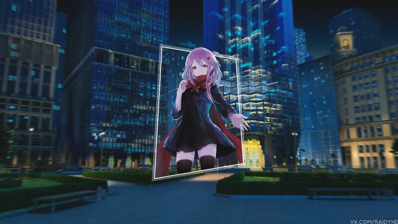 Anime Girl in City — Blue, Dramatic, Night, Digital Art, Buildings, Hologram