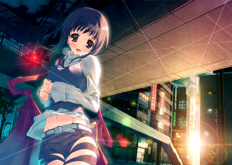 Anime Girl in City — Blue, Dramatic, Night, Digital Art, Buildings, Lights