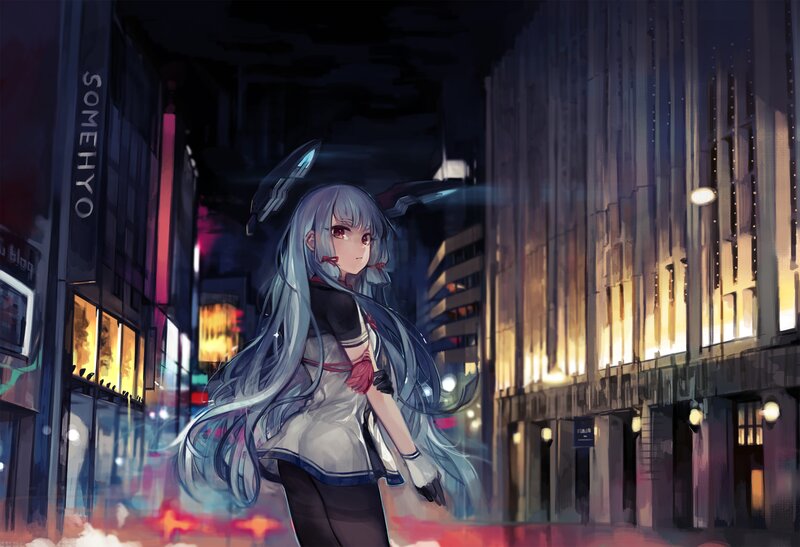 Anime Girl in City — Blue, Dramatic, Night, Digital Art, Buildings