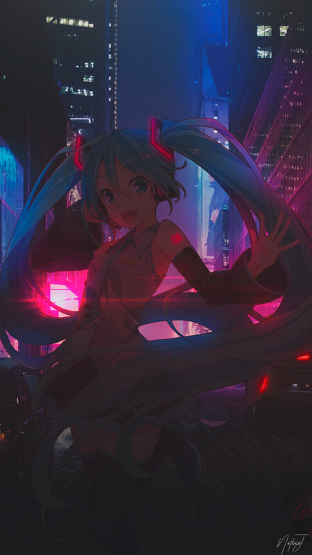 Anime Girl in City — Blue, Dramatic, Night, Digital Art, Neon Lights