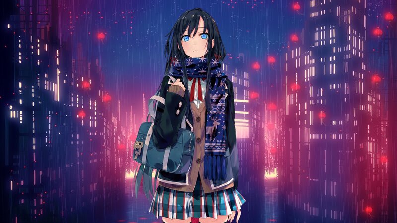 Anime Girl in City — Blue, Dramatic, Night, Rain