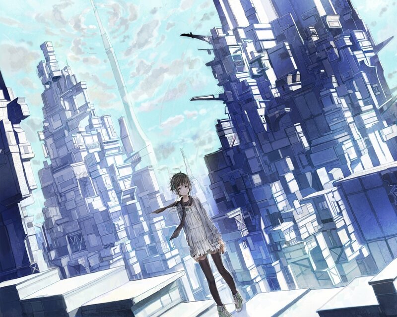 Anime Girl in City — Blue, Serene, Afternoon
