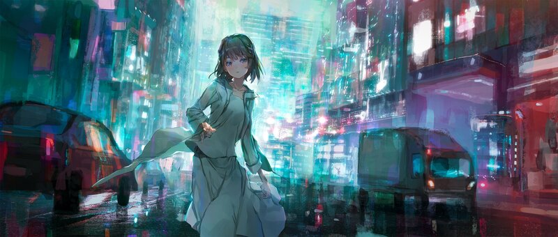 Anime Girl in City — Cyan, Dramatic