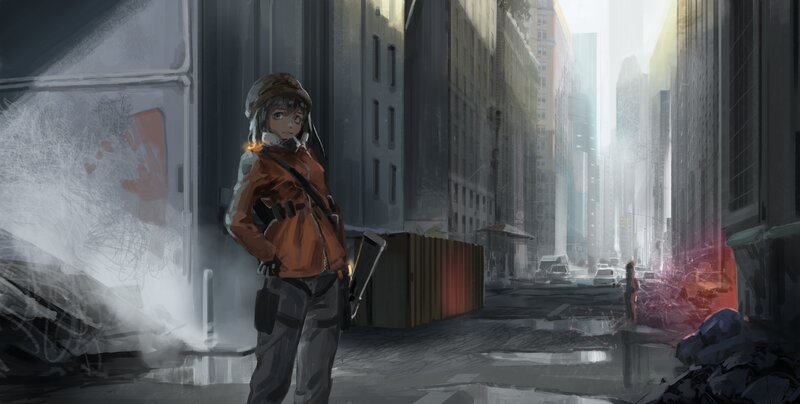 Anime Girl in City — Gray