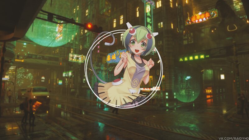 Anime Girl in City — Green, Nocturnal
