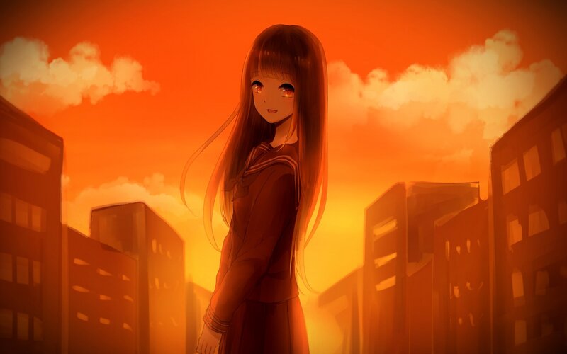 Anime Girl in City — Orange, Dramatic, Sunset