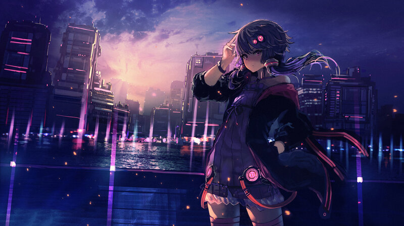 Anime Girl in City — Purple, Dramatic, Night, Digital Art, River