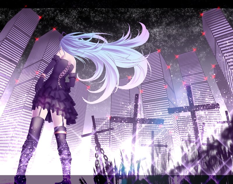 Anime Girl in City — Purple, Dramatic, Night
