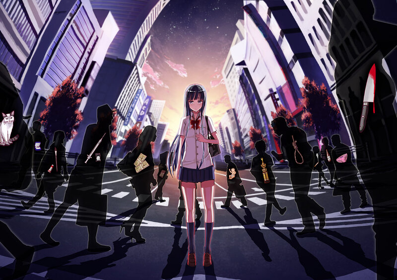 Anime Girl in City — Purple, Dramatic, Sunset